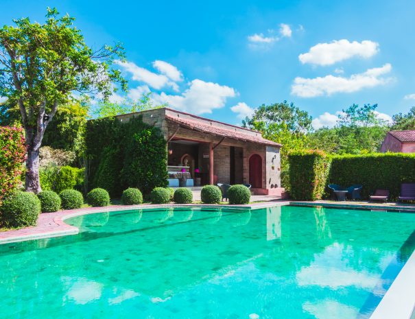 Swimming pool with outdoor view and beautiful Architecture building with tuscany style - Vintage Filter